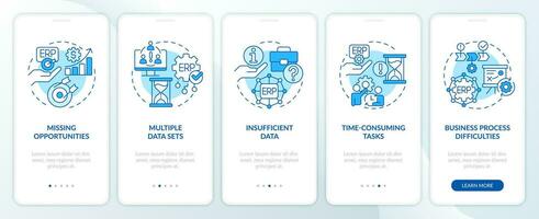 2d íconos representando empresa recurso planificación móvil aplicación pantalla colocar. recorrido 5 5 pasos azul gráfico instrucciones con Delgado línea íconos concepto, ui, ux, gui modelo. vector