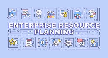 Enterprise resource planning text concept with various icons on blue monochromatic background, 2D vector illustration.