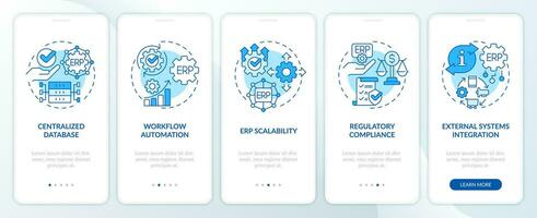 2D icons representing enterprise resource planning mobile app screen set. Walkthrough 5 steps graphic instructions with linear icons concept, UI, UX, GUI template. vector