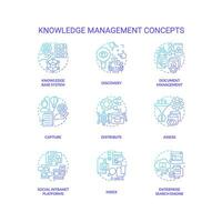 Blue gradient icons set representing knowledge management concepts, isolated vector, thin line illustration. vector