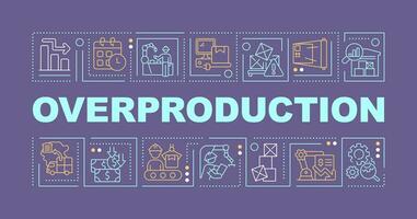 2D overproduction text with various icons on dark monochromatic background, vector illustration.