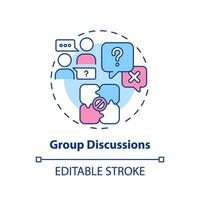 Group discussions multi color concept icon. Share experience. Exchange ideas. Knowledge sharing. Collaboration learning. Round shape line illustration. Abstract idea. Graphic design. Easy to use vector