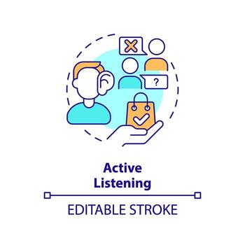Active listening multi color concept icon. Good listener. Pay attention. Selling skill. Sales professional. Deal closing. Round shape line illustration. Abstract idea. Graphic design. Easy to use vector