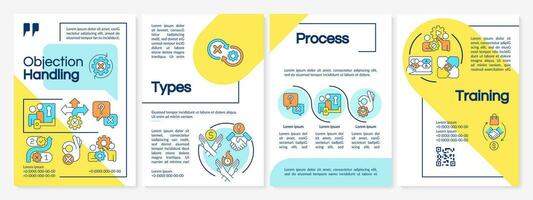 Objection handling blue and yellow brochure template. Successful deal. Leaflet design with linear icons. Editable 4 vector layouts for presentation, annual reports