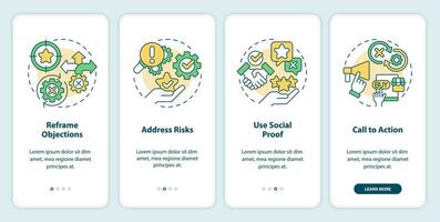 Objection handling techniques onboarding mobile app screen. Sales negotiation walkthrough 4 steps editable graphic instructions with linear concepts. UI template vector
