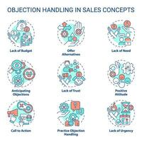 Objection handling in sales multi color concept icons. Negotiation strategy. Closing deal. Selling process. Sales technique. Icon pack. Vector images. Round shape illustrations. Abstract idea