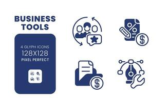 Business tools black solid desktop icons pack. Enhance teamwork. Process management software. Pixel perfect 128x128, outline 4px. Symbols on white space. Glyph pictograms. Isolated vector images