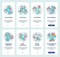 Objection handling onboarding mobile app screen set. Sales skills. Walkthrough 4 steps editable graphic instructions with linear concepts. UI, UX, GUI template vector