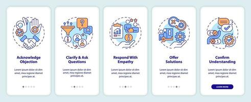 objeción manejo proceso inducción móvil aplicación pantalla. ventas estrategia recorrido 5 5 pasos editable gráfico instrucciones con lineal conceptos. ux, gui modelo vector