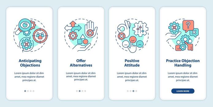 Objection handling practices onboarding mobile app screen. Sales skill walkthrough 4 steps editable graphic instructions with linear concepts. UI, UX, GUI template vector