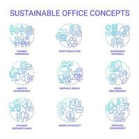 2D gradient icons set representing sustainable office concepts, isolated vector, thin line colorful illustration. vector