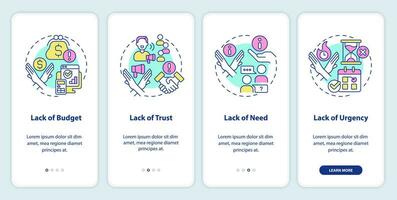 Types of objections onboarding mobile app screen. Sales technique walkthrough 4 steps editable graphic instructions with linear concepts. UI, UX, GUI template vector