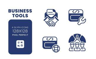 Business tools black solid desktop icons pack. Computer technology. Collaboration software. Pixel perfect 128x128, outline 4px. Symbols on white space. Glyph pictograms. Isolated vector images