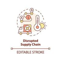 Editable disrupted supply chain icon representing heatflation concept, isolated vector, global warming impact linear illustration. vector