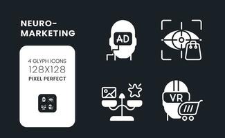 Neuromarketing white solid desktop icons set. Consumer neuroscience. Advertising message. Pixel perfect 128x128, outline 4px. Symbols for dark theme. Glyph pictograms. Vector isolated images