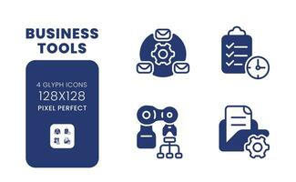 Business tools black solid desktop icons pack. Enterprise development. Process automation. Pixel perfect 128x128, outline 4px. Symbols on white space. Glyph pictograms. Isolated vector images