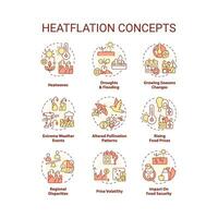 Editable icons set representing heatflation concepts, isolated vector, global warming impact thin line illustration. vector