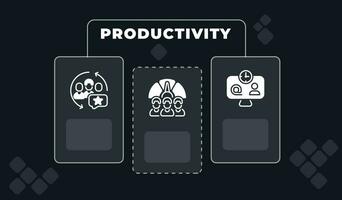 Productivity concept banner template. Business software. Process automation. Workflow improvement. Infographics on black background with icons, text. Editable vector illustration