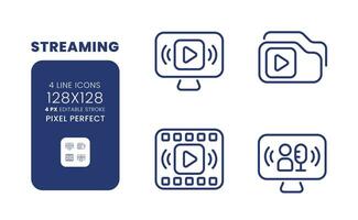 Streaming linear desktop icons set. Media content. Live tv. Online broadcasting platform. Pixel perfect 128x128, outline 4px. Isolated user interface elements pack for website. Editable stroke vector