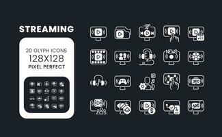 Streaming white solid desktop icons set. Live video. Digital content. Broadcasting technology. Pixel perfect 128x128, outline 4px. Symbols for dark theme. Glyph pictograms. Vector isolated images