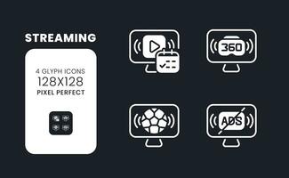 Streaming white solid desktop icons set. Watching content online. Sports broadcasting. Pixel perfect 128x128, outline 4px. Symbols for dark theme. Glyph pictograms. Vector isolated images