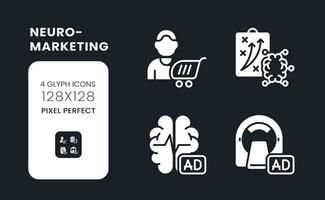 Neuro marketing white solid desktop icons set. Neuromarketing research. Cognitive science. Pixel perfect 128x128, outline 4px. Symbols for dark theme. Glyph pictograms. Vector isolated images