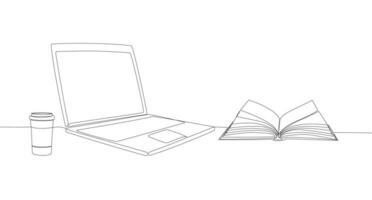 One continuous line drawing of computer laptop,paper cup of coffee and open book on table.Vector illustration. vector