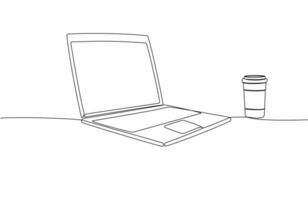 One continuous line drawing of computer laptop, and a cup of coffee. Vector illustration