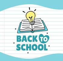 Back to school banner on a notebook sheet with a drawing of a book and a lamp vector