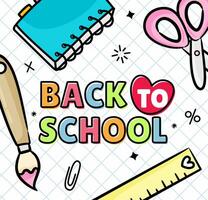 A colorful back to school poster with pencils scissors ruler and a notebook vector