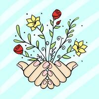 Illustration of hands holding various flowers vector