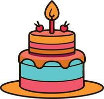 Birthday, wedding, tart cake with candle in flat color vector design in white background