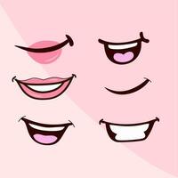 varios abierto boca opciones con labios, lengua y dientes. sonrisa con dientes, lengua pega afuera, sorprendido. gracioso dibujos animados bocas conjunto con diferente expresiones dibujos animados vector