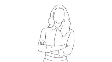 confidente y hermosa mujer de negocios con cruzado brazos, mano dibujado estilo vector ilustración