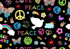 Colorful peace sign and symbols seamless wallpaper and gift wrapping on black background. vector