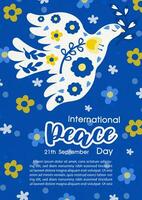 White pigeon with flowers pattern and the day and name of event, example texts on flowers and blue background. Poster's concept of Peace day campaign in vector design.