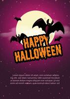 Silhouette spooky bats flying with Halloween wording, example texts  on the giant moon and glowing purple light background vector