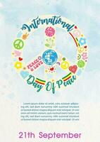 Peace sign with peace icon pattern  and the day and name if event, example texts on blue watercolor background. Poster's concept of Peace day campaign in vector design.