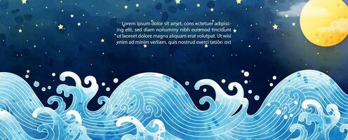 Sea and Ocean in the Thai art and watercolors style with full moon on stars and night scene background. vector