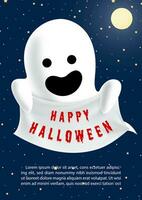 Cute ghost holding cloth label with Halloween wording and example texts on night scene background. Poster holiday of Halloween day in vector design.