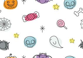 Cute sign and symbols of Halloween seamless wallpaper and gift wrapped in flat style and vector design.