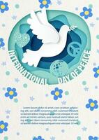 White pigeon flying on peace symbols and the name of event with flowers pattern background. Poster's campaign of international peace day in paper cut style and vector design.