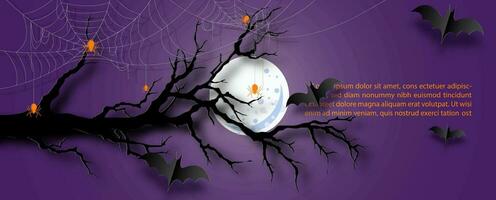 Silhouette brunch of spooky tree with spider webs and bats flying in paper cut style, example texts on bright full moon and glowing purple light background. vector