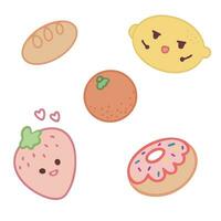 Fruit collection in flat hand drawn style illustrations. Tropical fruit and graphic design elements.cute cartoon sweets and desserts. Hand drawn cute food Vector illustration.