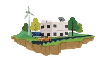 vector o ilustración de eco concepto. pueblo edificio con solar panel y molino para energía ahorro. con arboles y verde césped para antecedentes. frente suelo tener asfalto la carretera y coche. isla de ecológico