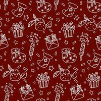 Christmas doodle with seamless pattern on red background. Happy texture of a winter holiday. Happy New Year. Draw the contours of decorative design elements in retro style. Packaging vector