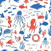 Cute seamless pattern on the theme of marine animals. Hand drawn marine life. Vector illustration.