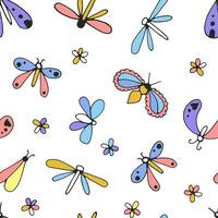 multicolored butterflies simple linear drawing, black outline. Hand drawn, vector, seamless pattern. vector