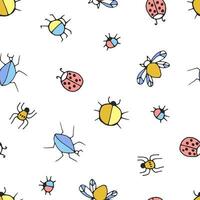 multicolored beetles simple linear drawing, black outline. Hand drawn, vector, seamless pattern. vector