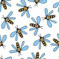 Seamless pattern of bees on a white background. Hand drawn, vector. vector